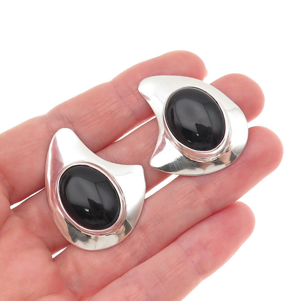 925 Sterling Silver Vintage Real Black Onyx Modernist Clip On Earrings